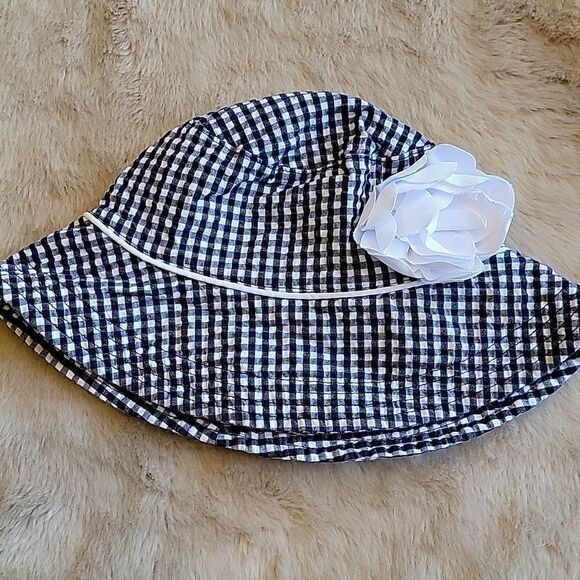 JANIE AND JACK NAVY AND WHITE GINGHAM PRINT SUN HAT BONNET, SIZE 2T-3T - Picture 6 of 6